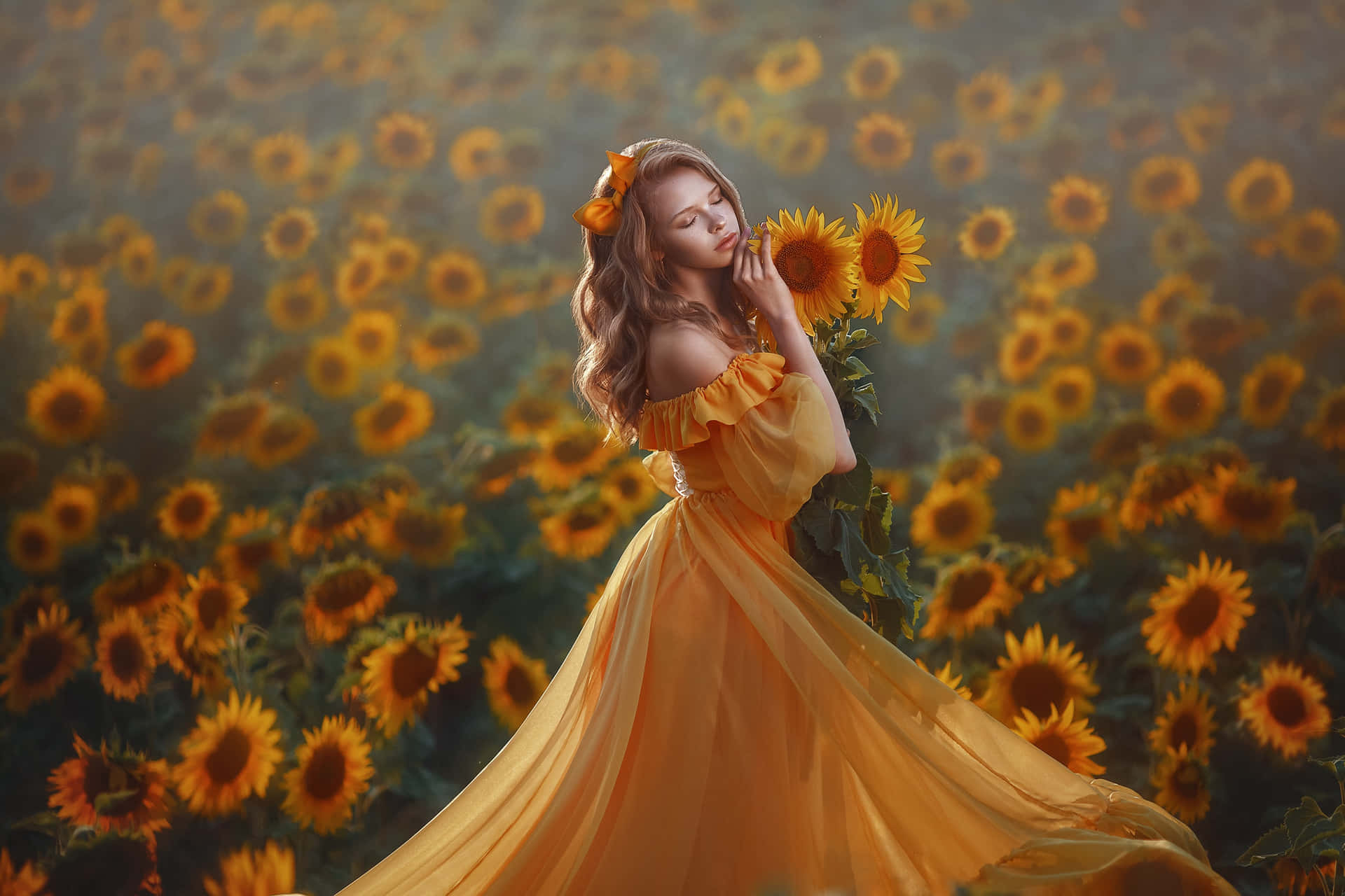 Einmädchen In Einem Gelben Kleid Steht In Einem Feld Voller Sonnenblumen.