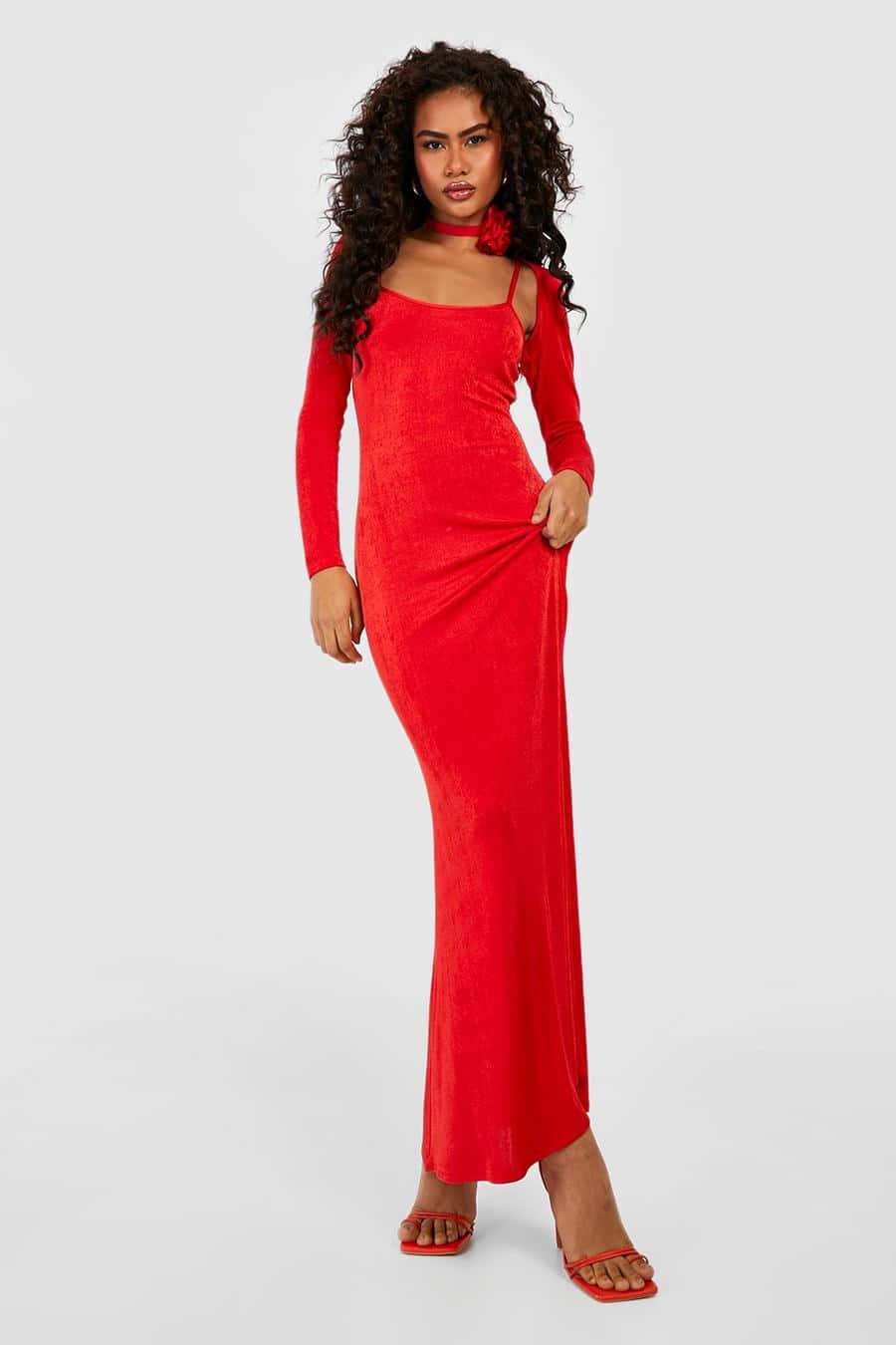 Red Long Sleeved Sleeve Maxi Dress