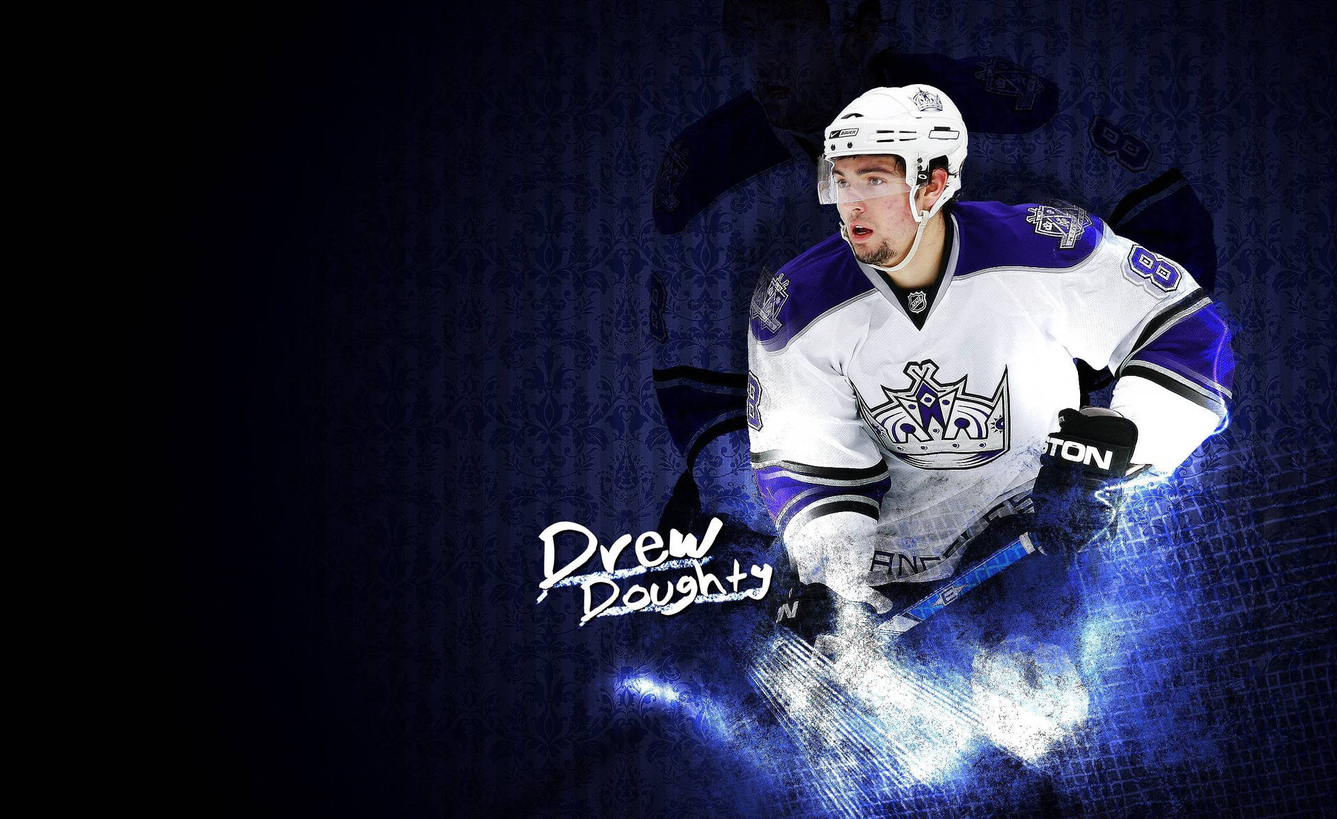Fearless Defender Drew Doughty in action wearing his white jersey. Wallpaper
