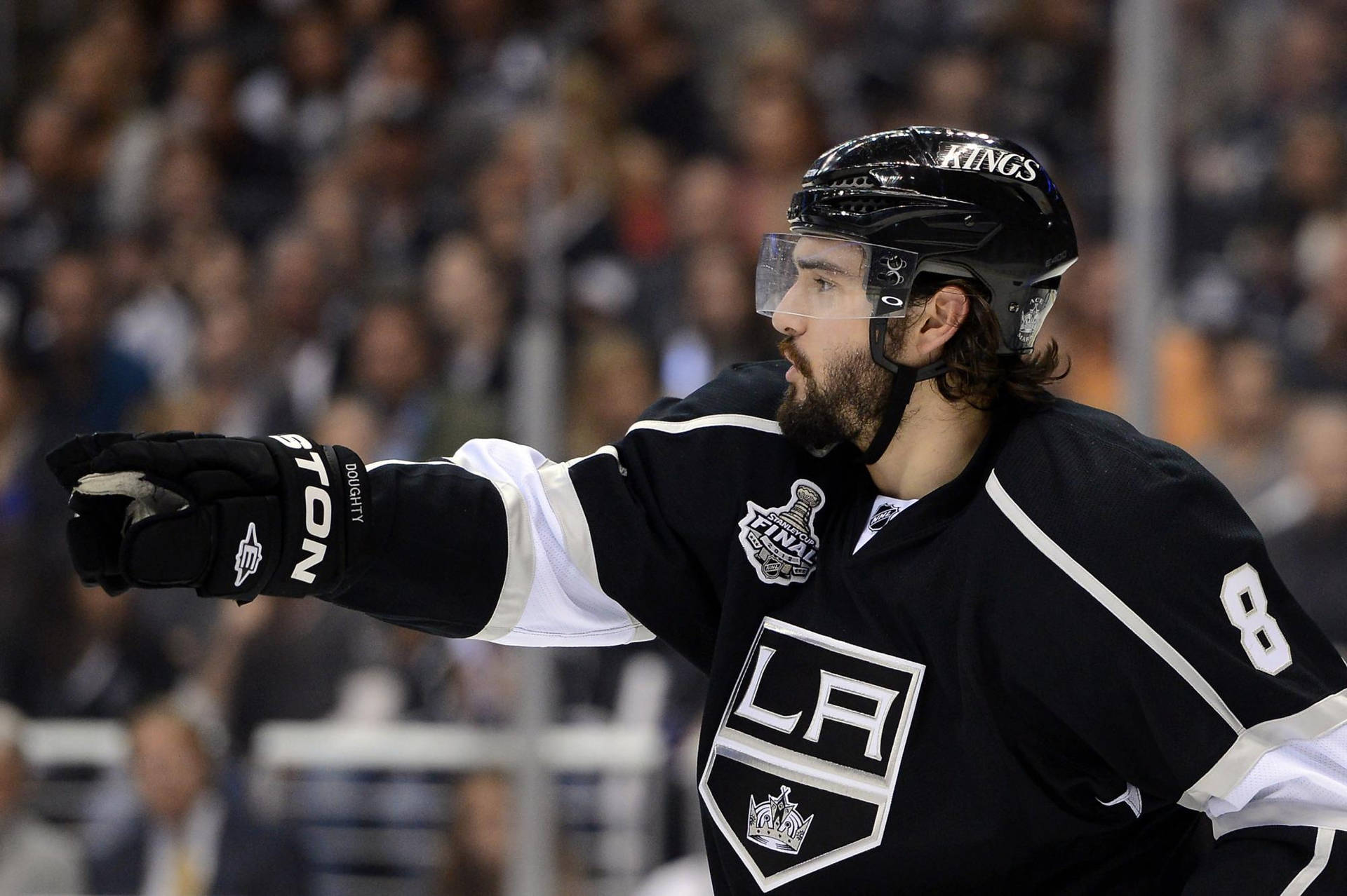 Drew Doughty Pointing With Right Hand During Game Wallpaper