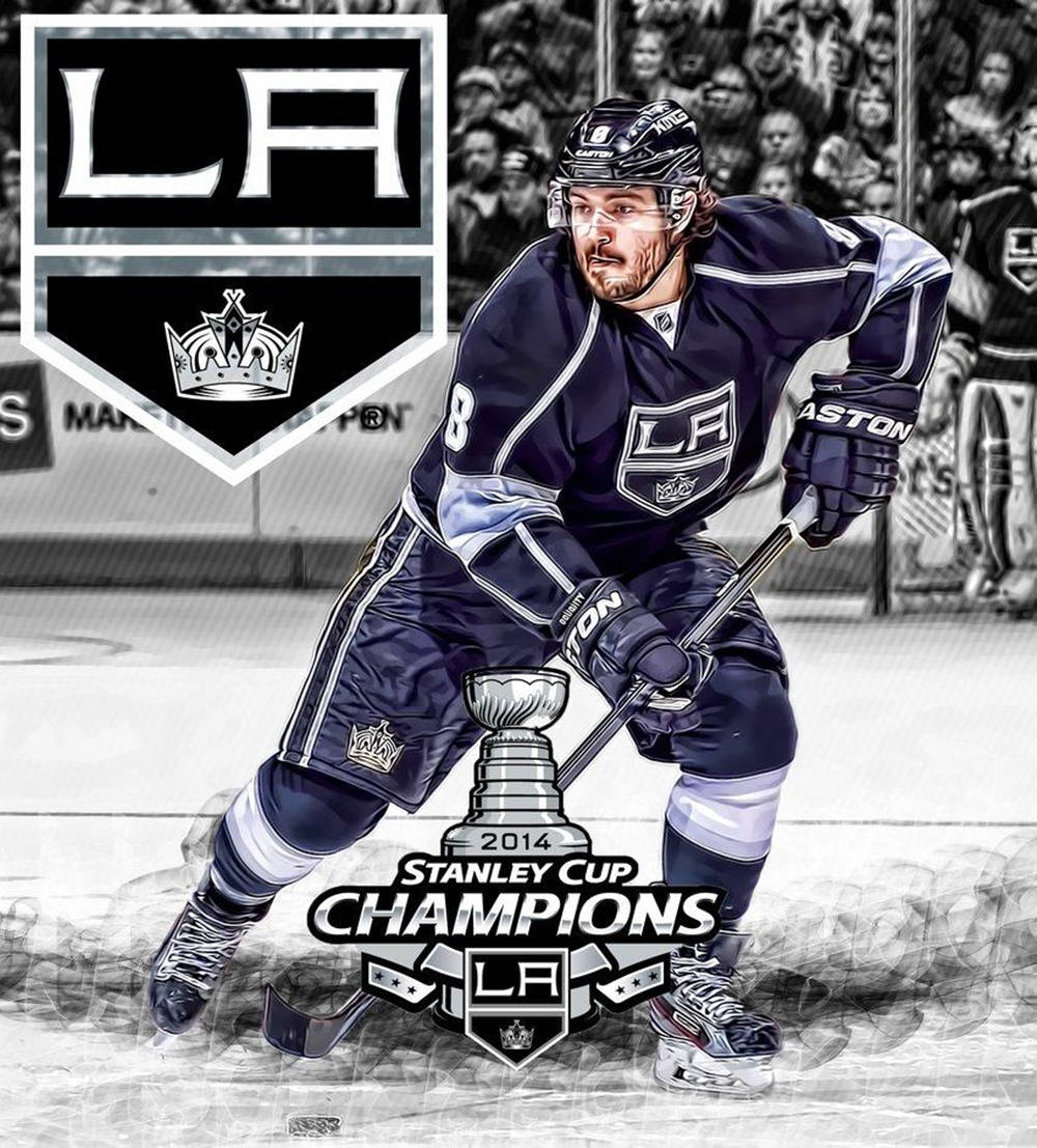Tegn Drew Doughty Stanley Cup Champions 2014 med Los Angeles Kings Logo vægklædning Wallpaper