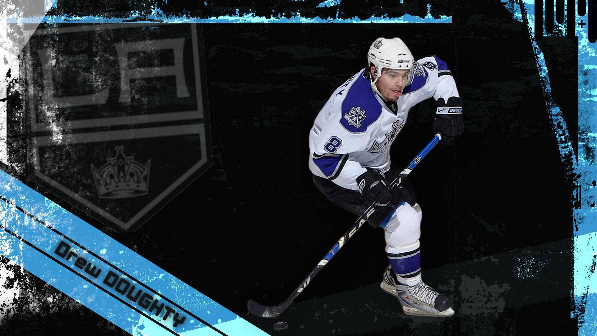 Drew Doughty With Name And Los Angeles Kings Logo In Faded Effect Wallpaper