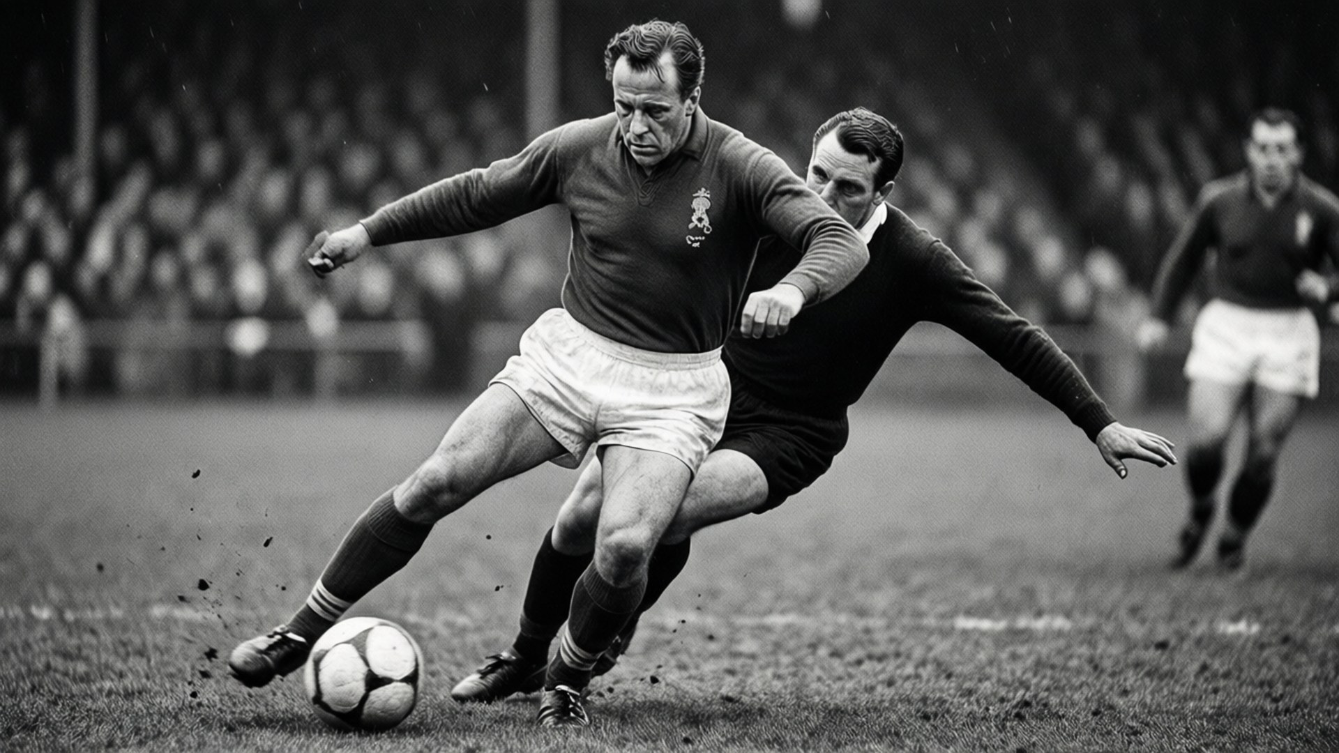 Stanley Matthews i aksjon, som viser sine legendariske dribleferdigheter i en vintage svart-hvitt scene.