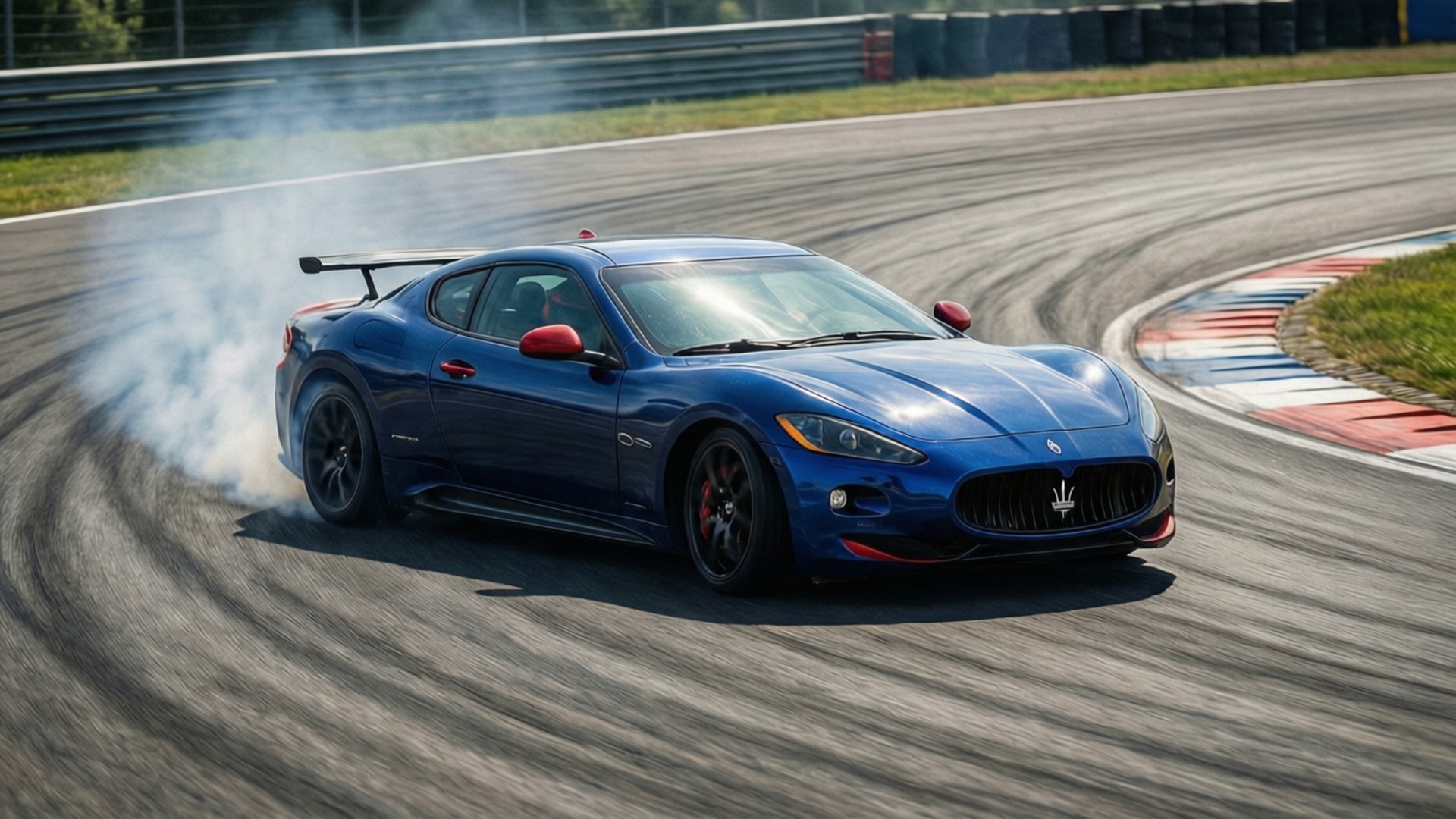 Maserati Shamal som drifter på banen, dekkrøyk.