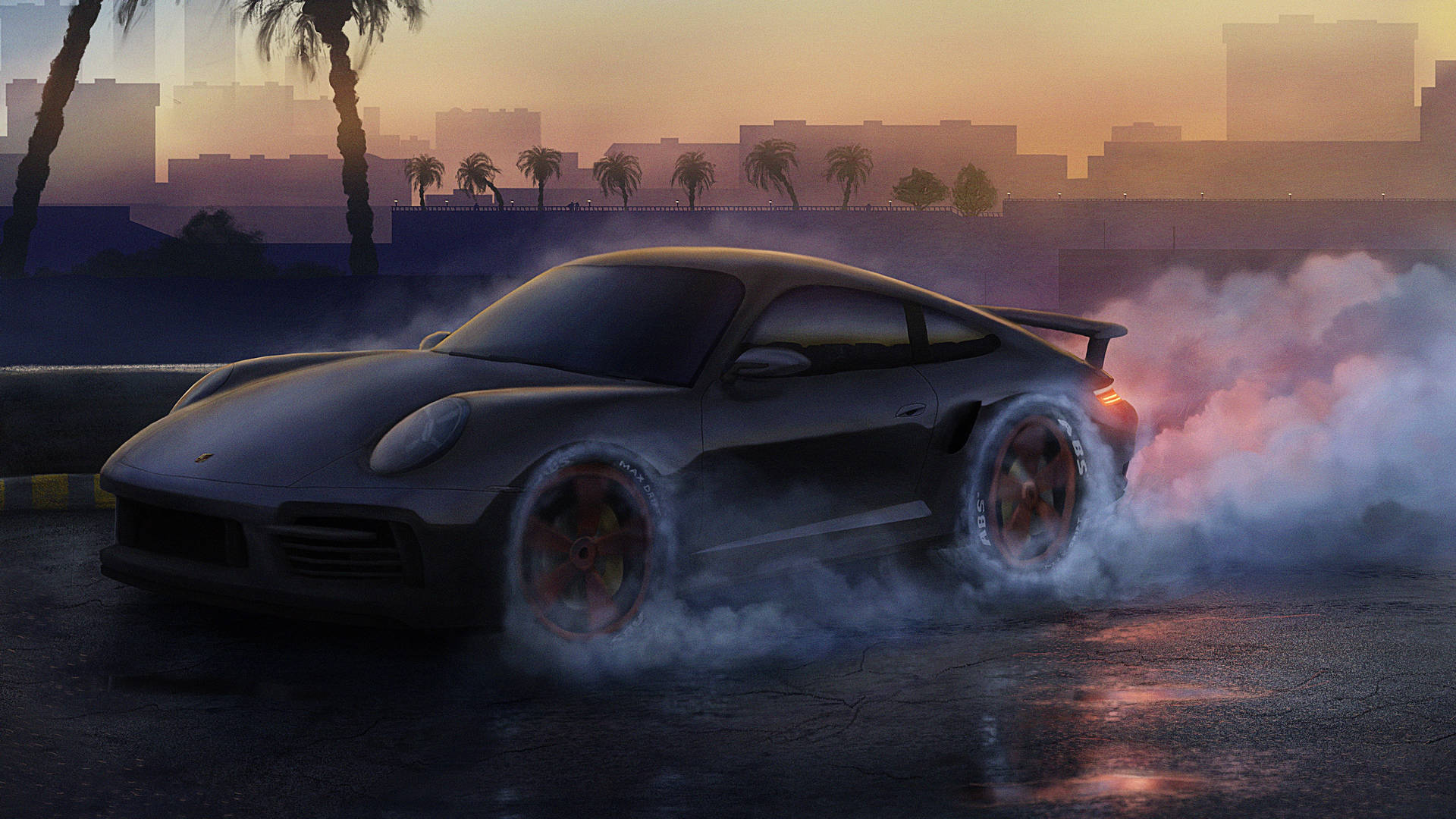 En sort Porsche sportsvogn med røg ud af den Wallpaper