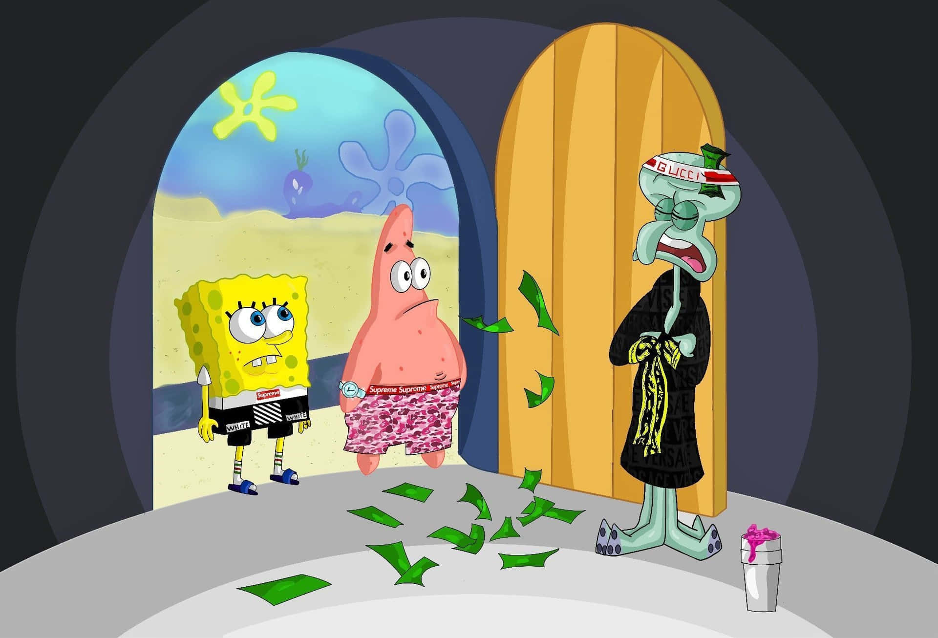 Sponge Bob Dan Teman-teman Masalah Uang Drippy Wallpaper