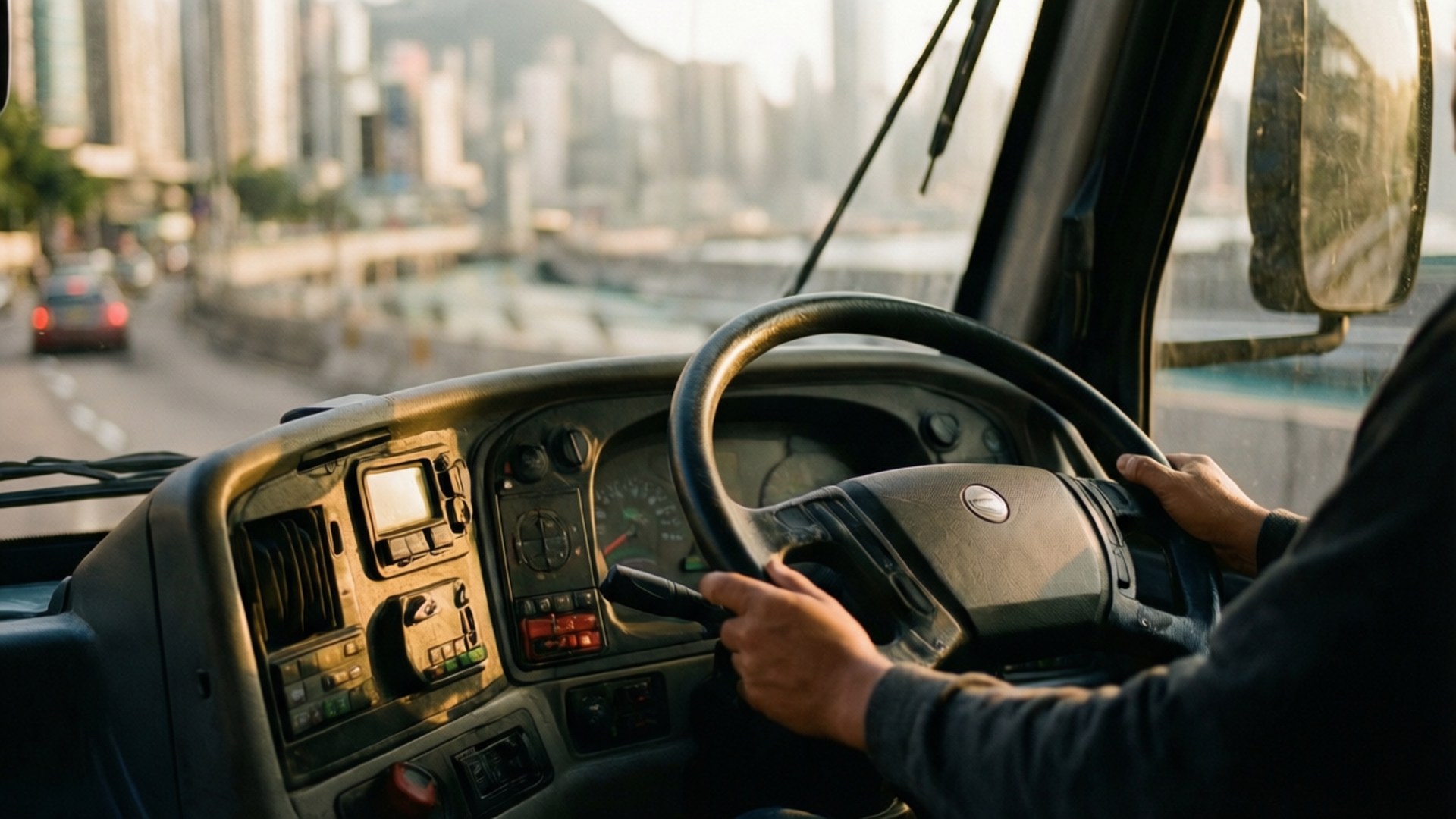 Nærbilde av et minibussdashbord med byutsikt gjennom frontruten.