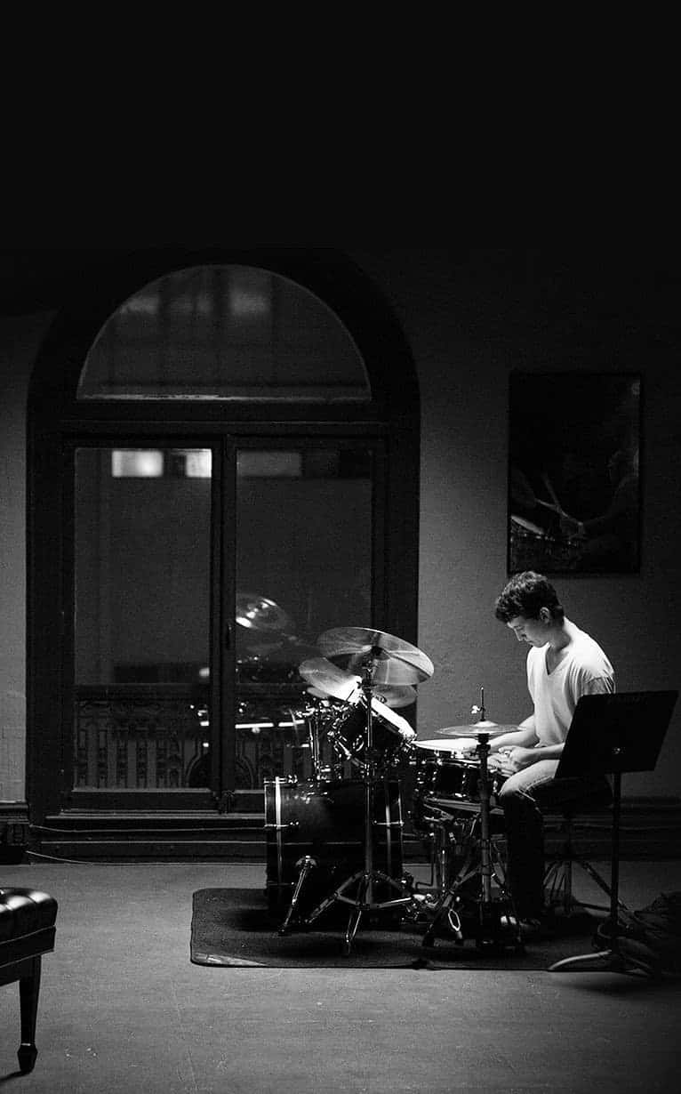 Drummer Practice Session Blackand White Wallpaper