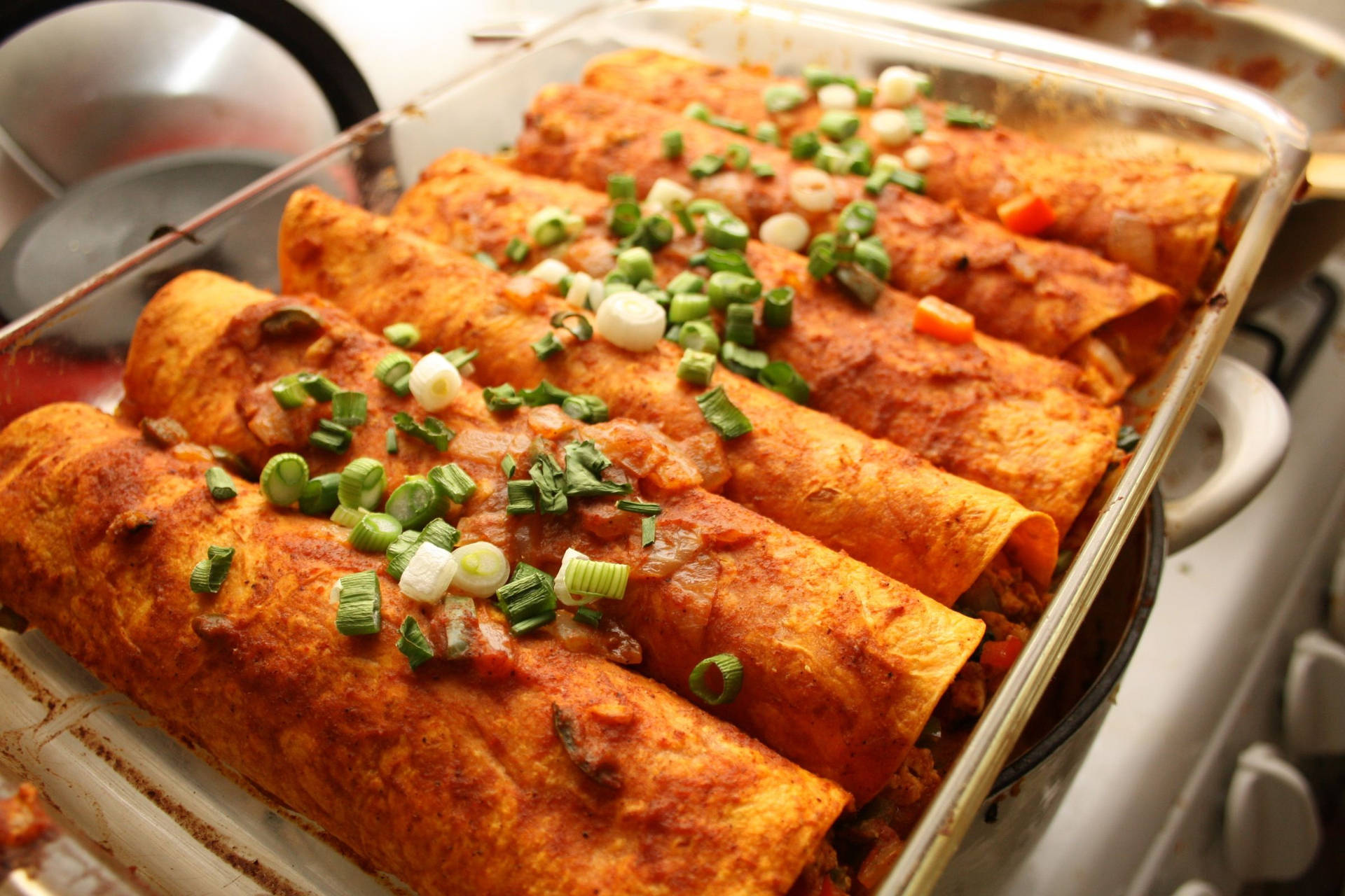 Dry Enchiladas Tray With Spring Onions Wallpaper