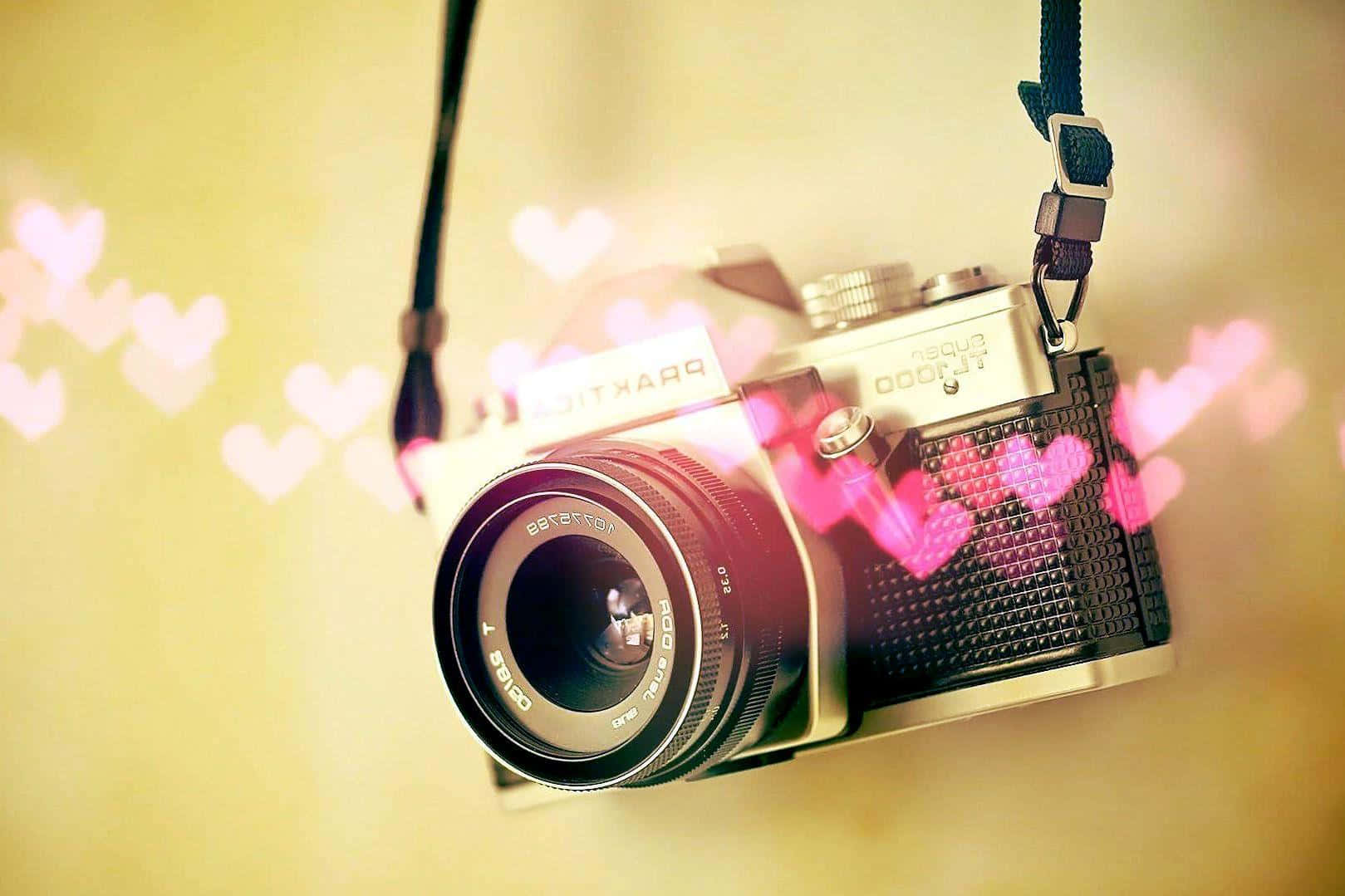 a camera with hearts hanging from it