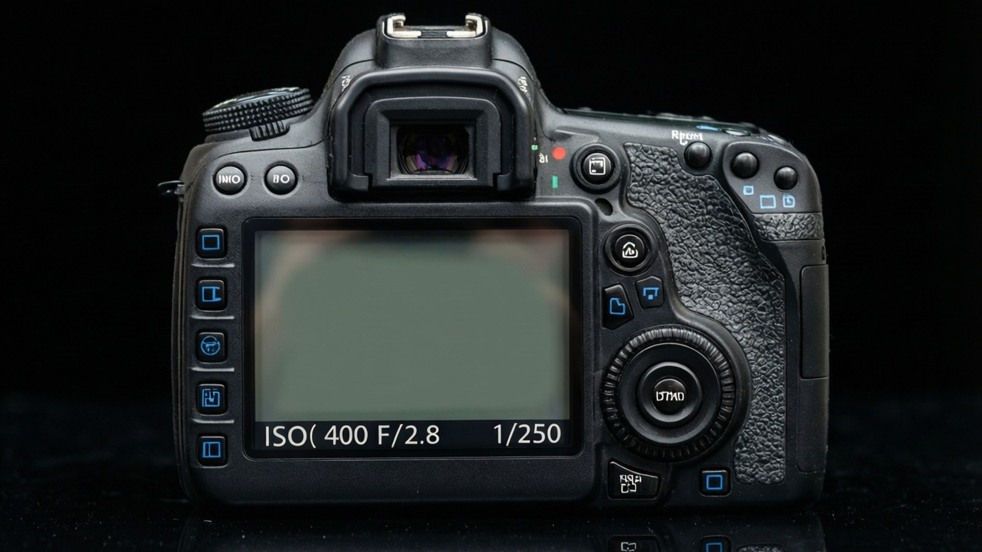 DSLR-kameran ylä-LCD-paneelin peittokuva, joka näyttää kameran asetukset mustalla taustalla