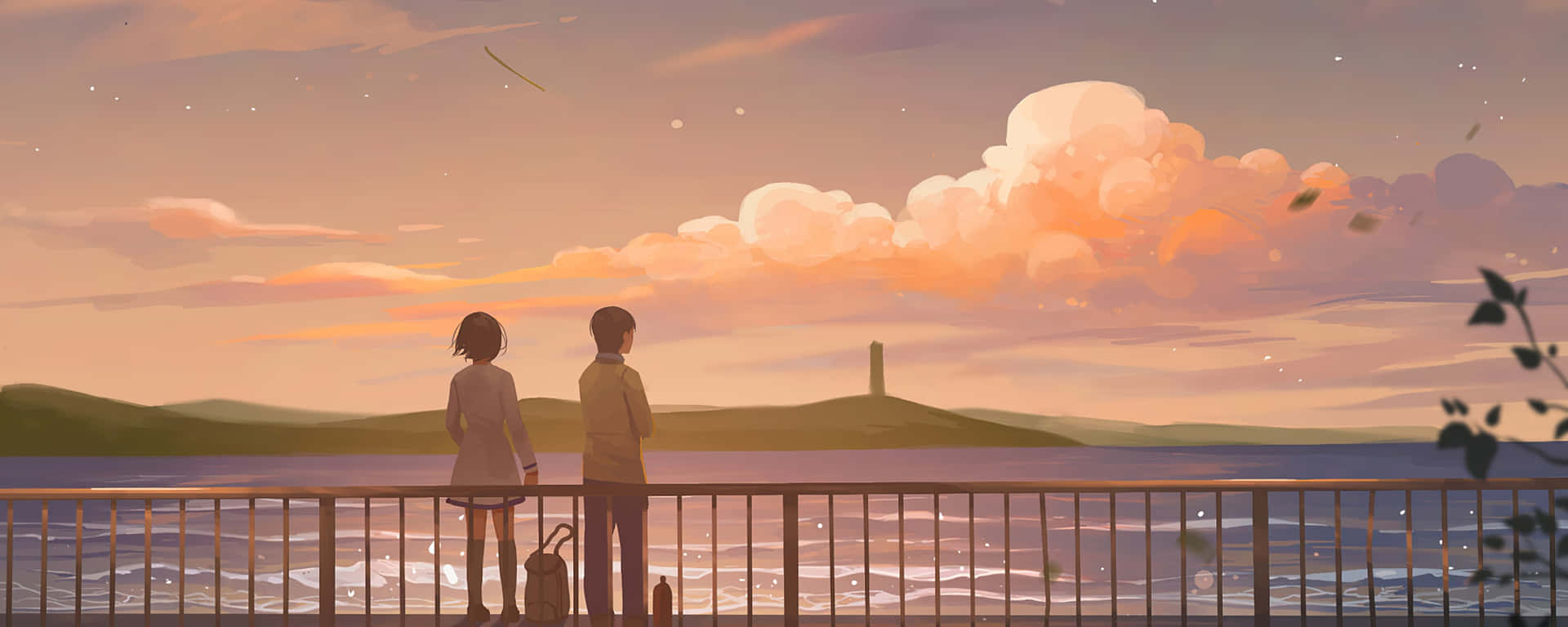 Dual Monitor Anime Couple Aesthetic Ocean View Wallpaper