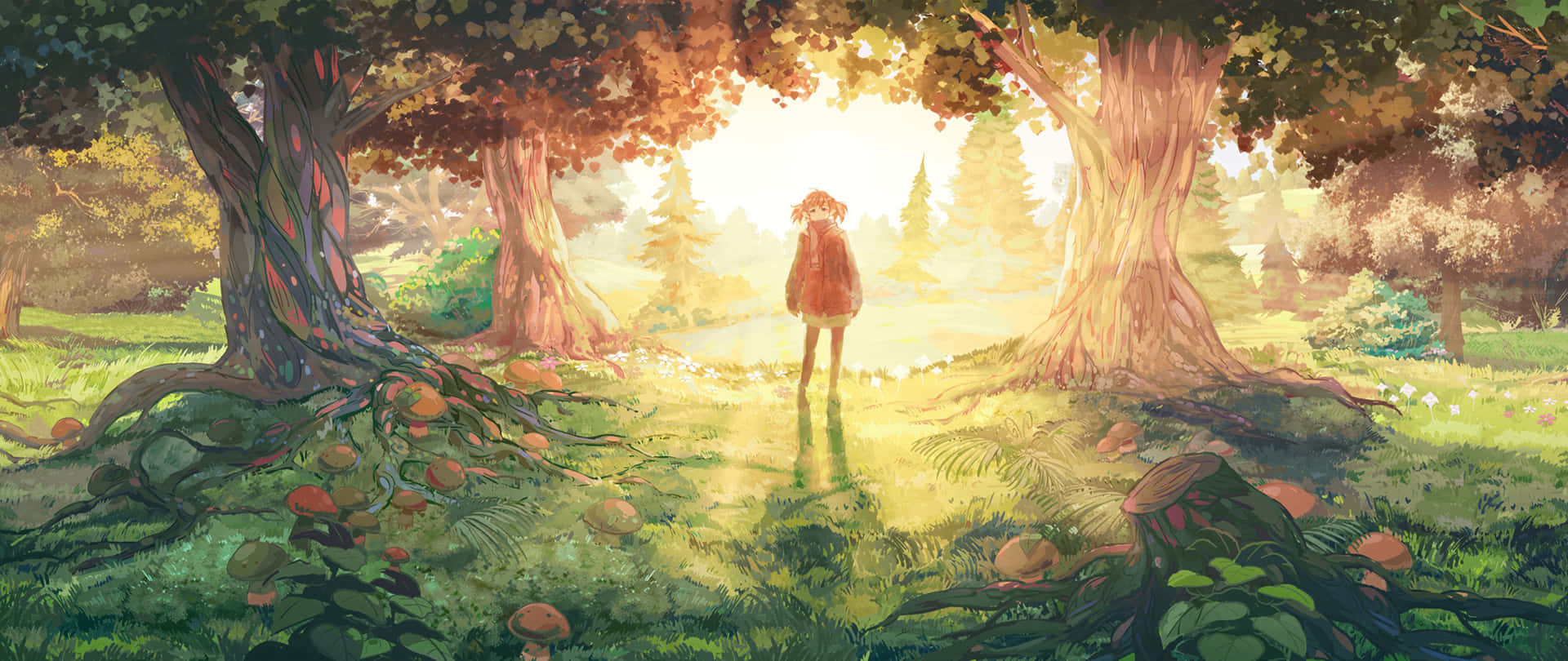 Dual Monitor Anime Girl Forest Wallpaper