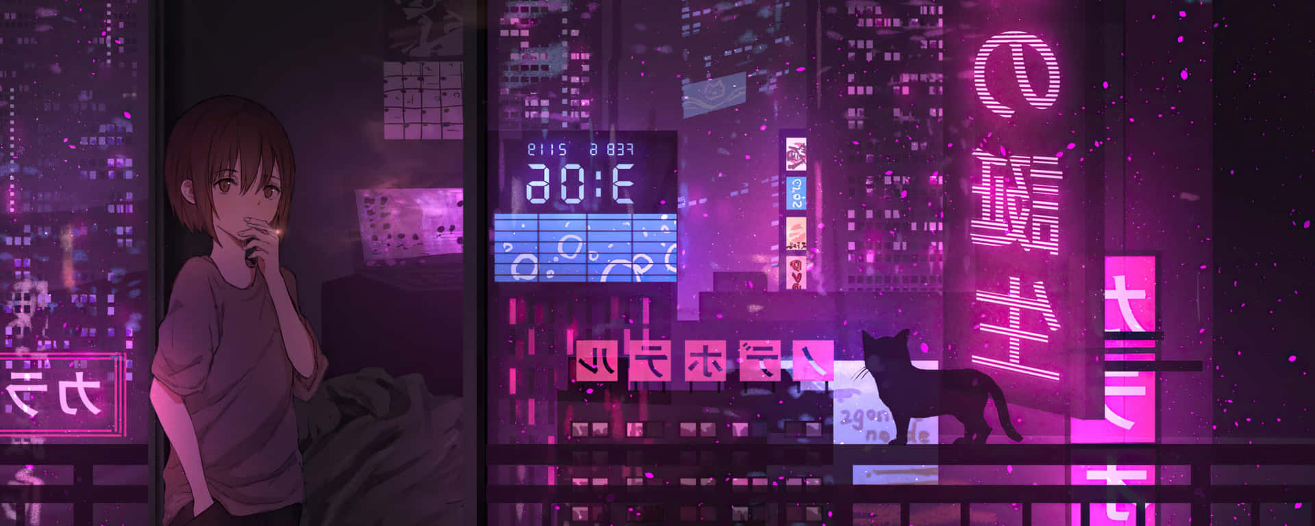 Dual Monitor Anime Girl Smoking Cyberpunk City Lights Wallpaper