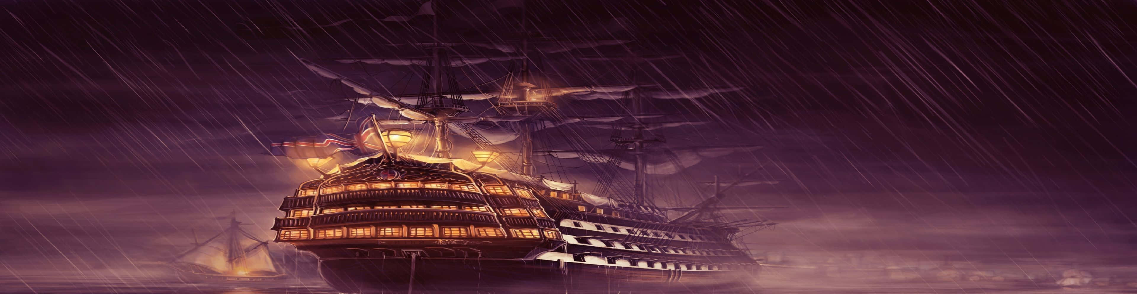 A Pirate Ship In The Rain With A Light On It