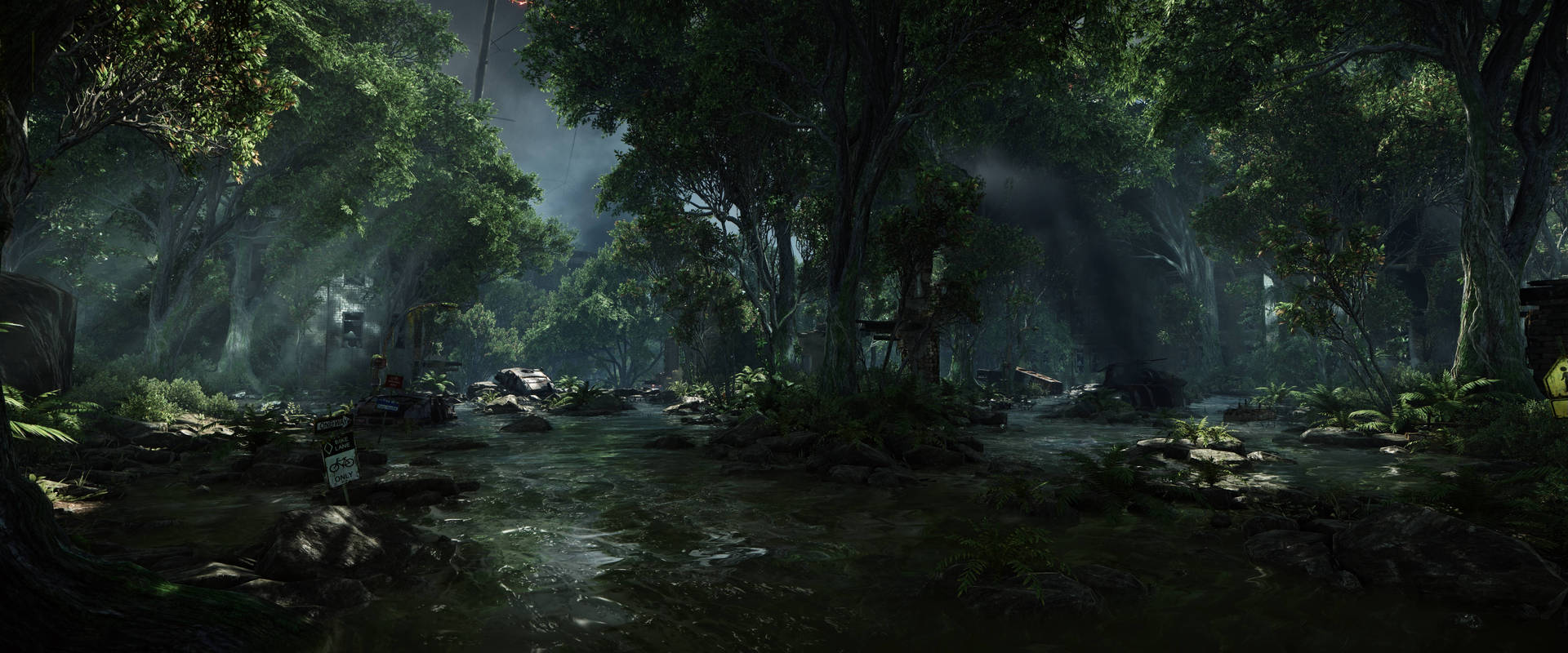 Secluded and abandoned forest from Crysis video game in dual monitor image wallpaper.