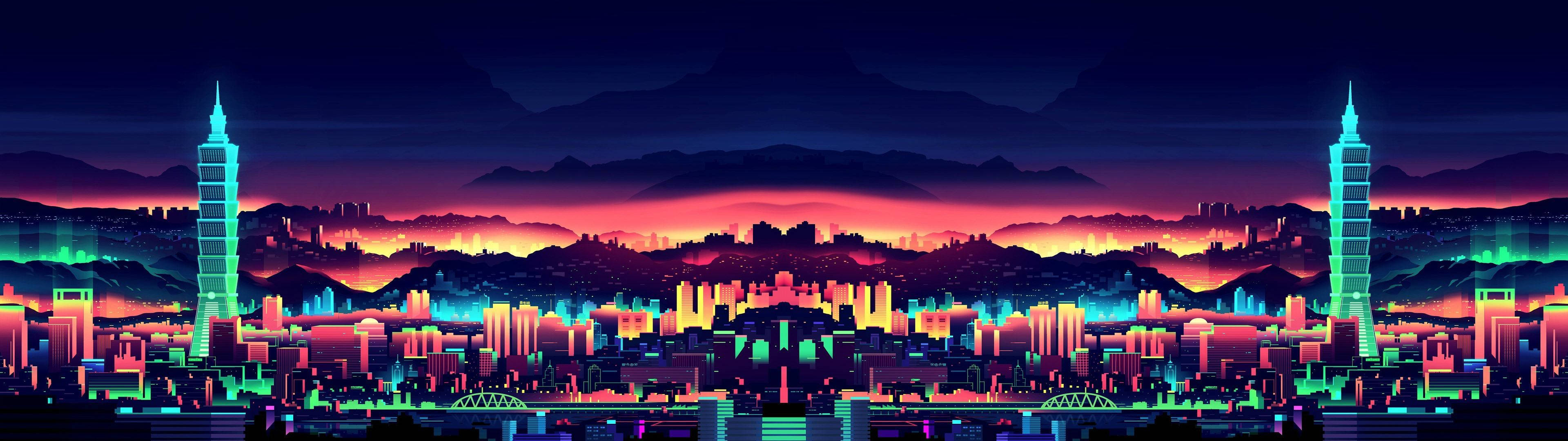 Dual Monitor Vaporwave City Picture