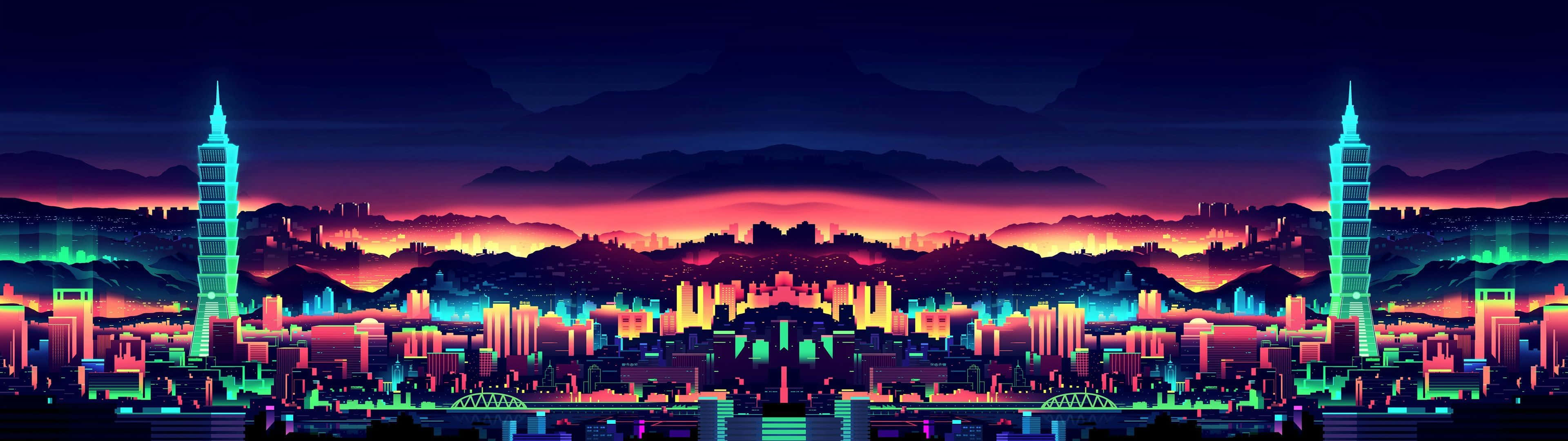 A Colorful City With Neon Lights In The Background