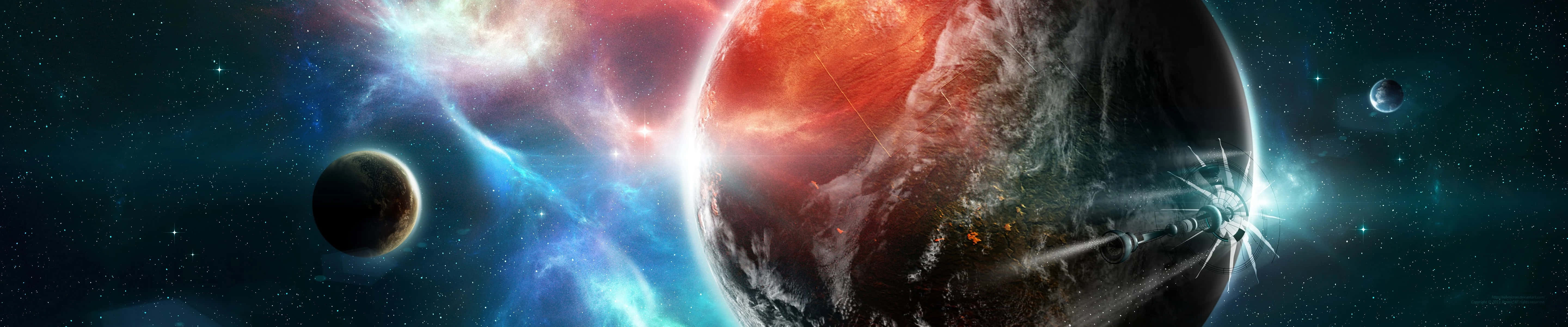 Red And Blue Dual Screen Space With Planets Wallpaper