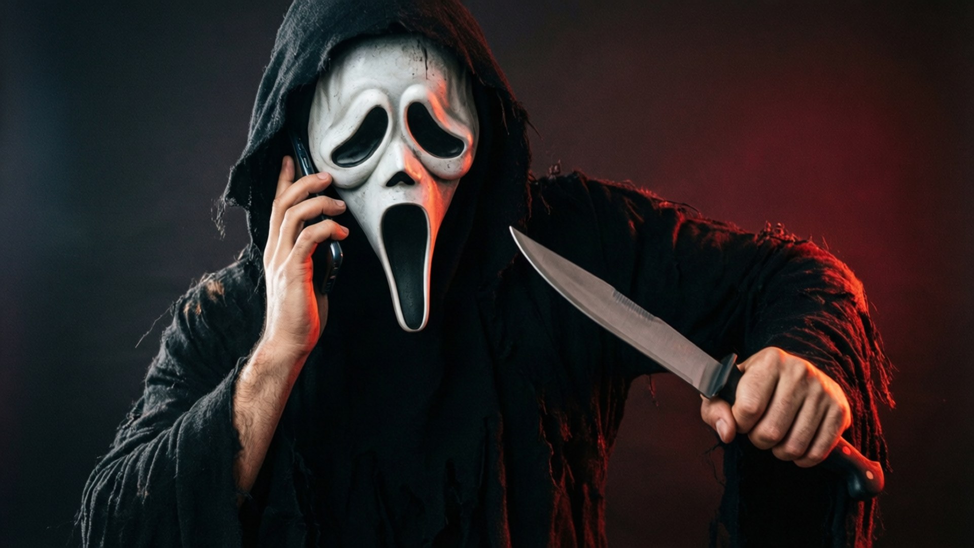 Ghostface med telefon og kniv dynamisk positur bakgrunnsbilde