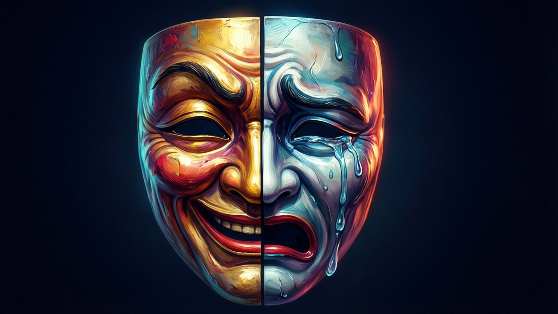 Duality Mask Wallpaper — A split theatrical mask half gleaming gold with a joyful grin and half silver with tears streaming down its face against a dark background.