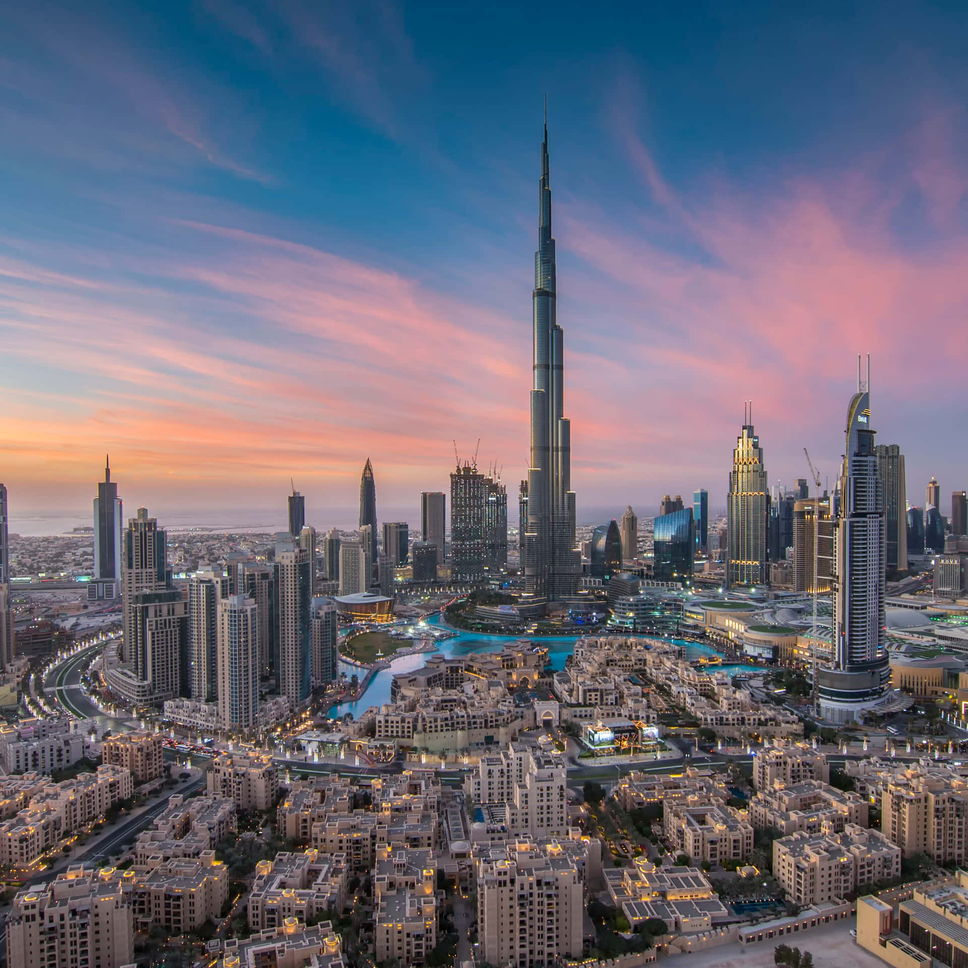 The beautiful skyline of Dubai strikingly stands out against the surrounding desert.