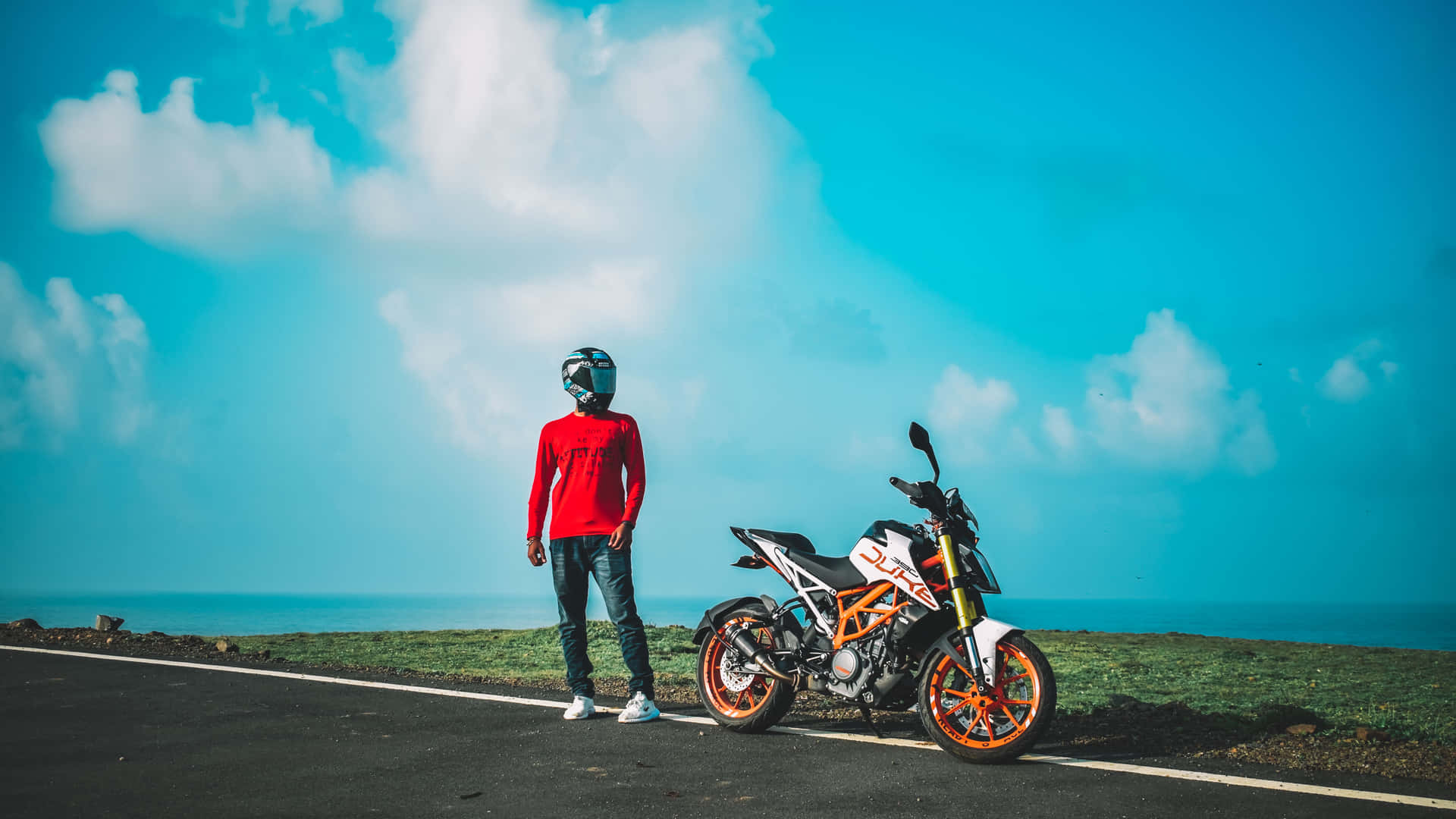 Ktm Duke 390 With Man In Blue Sky Picture