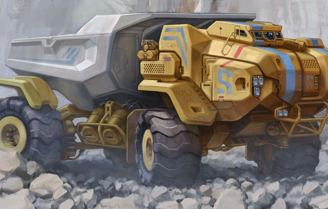 A Yellow Truck Is Driving Through A Rocky Area