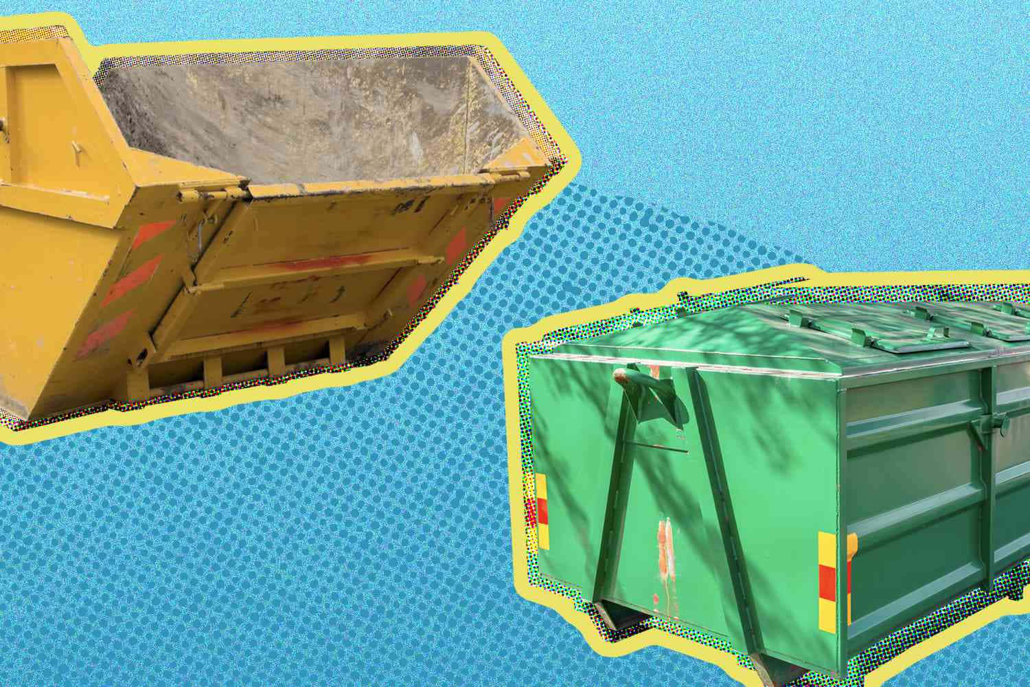 Two Green And Yellow Dump Trucks On A Blue Background