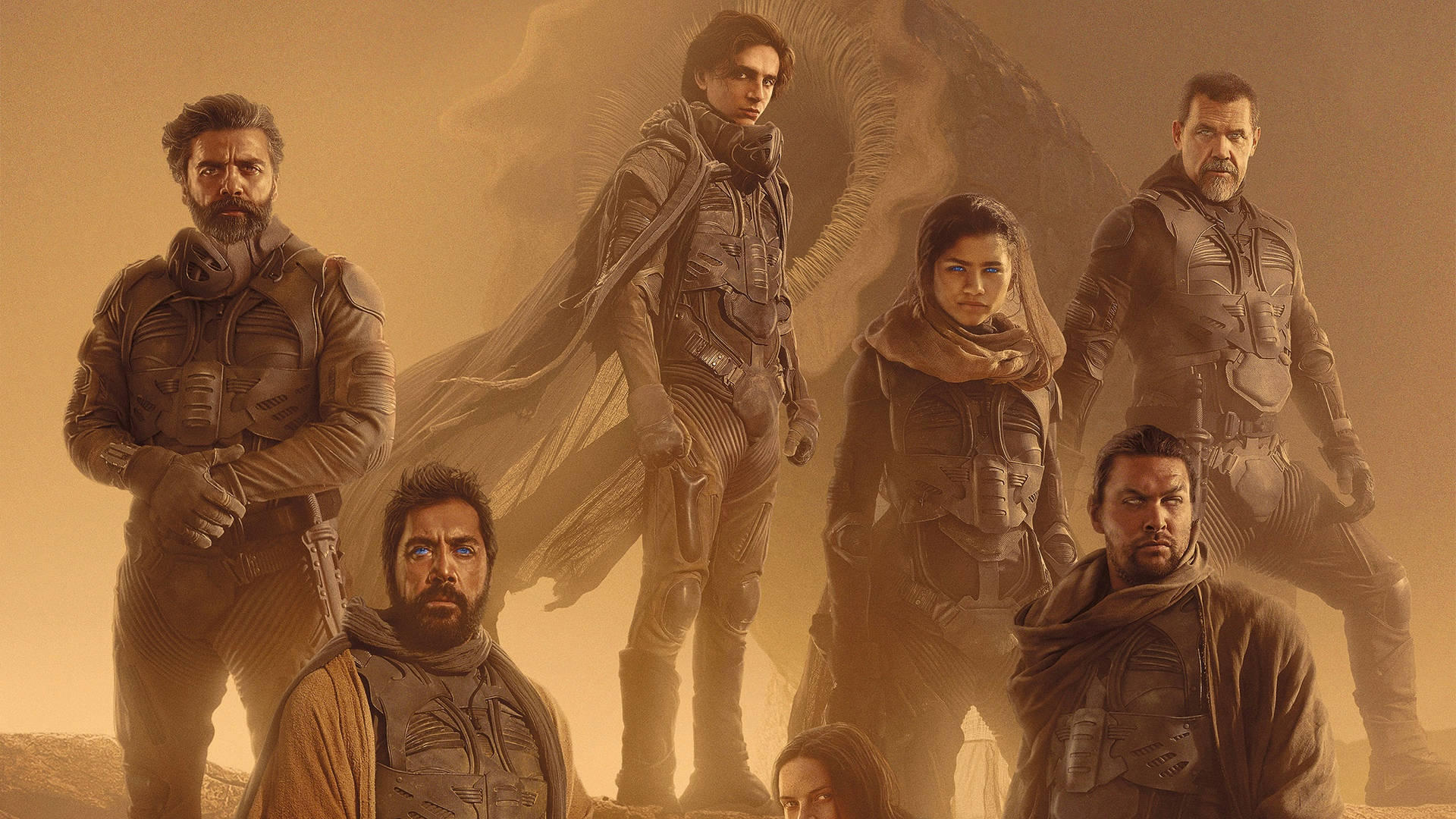 Personaggi Principali Di Dune 2021 Con Sandworm Sfondo