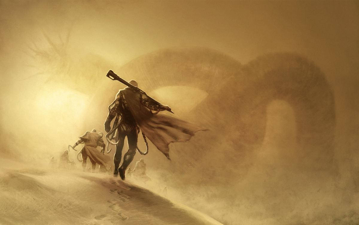 A Man Is Walking Through The Desert With A Dragon Wallpaper