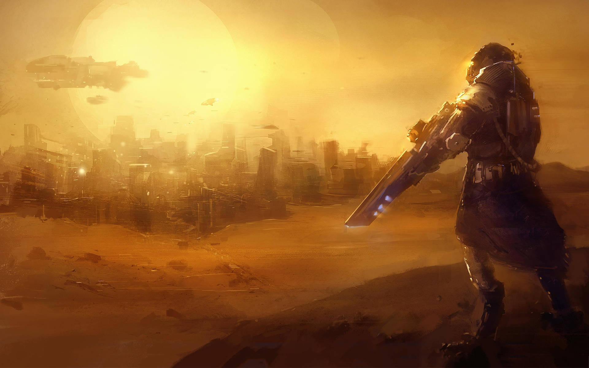 A Man In A Futuristic Suit Is Standing In The Desert Wallpaper