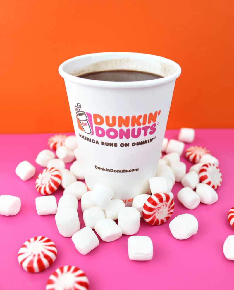 Brightly colored Dunkin Donuts logo on a solid yellow background