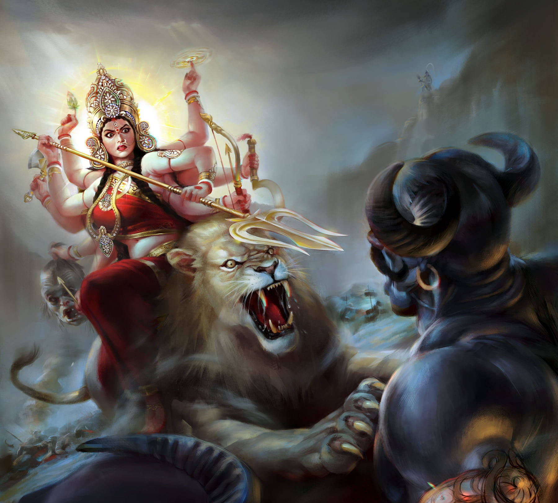 Durga Devi And Dawon Defeating Mahishasura