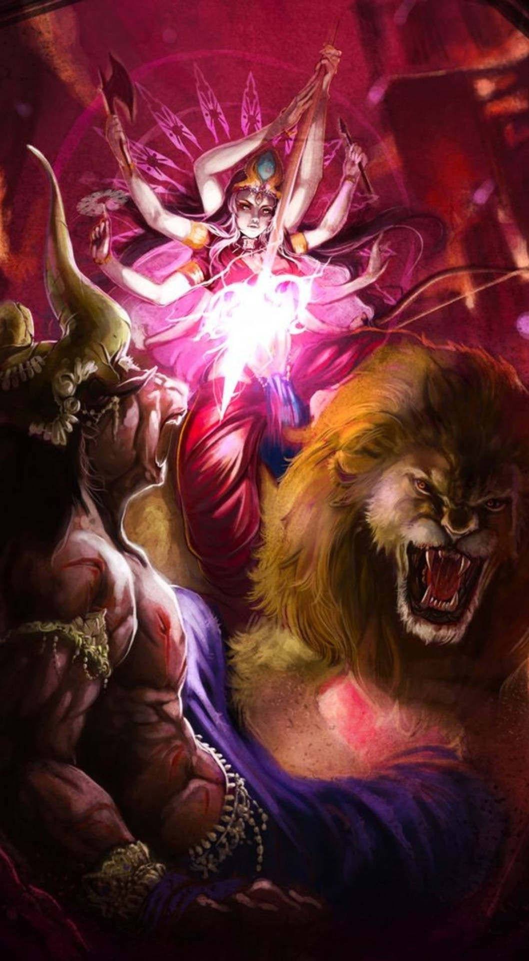 Durga Devi Udfører Dæmonen Mahishasura Wallpaper