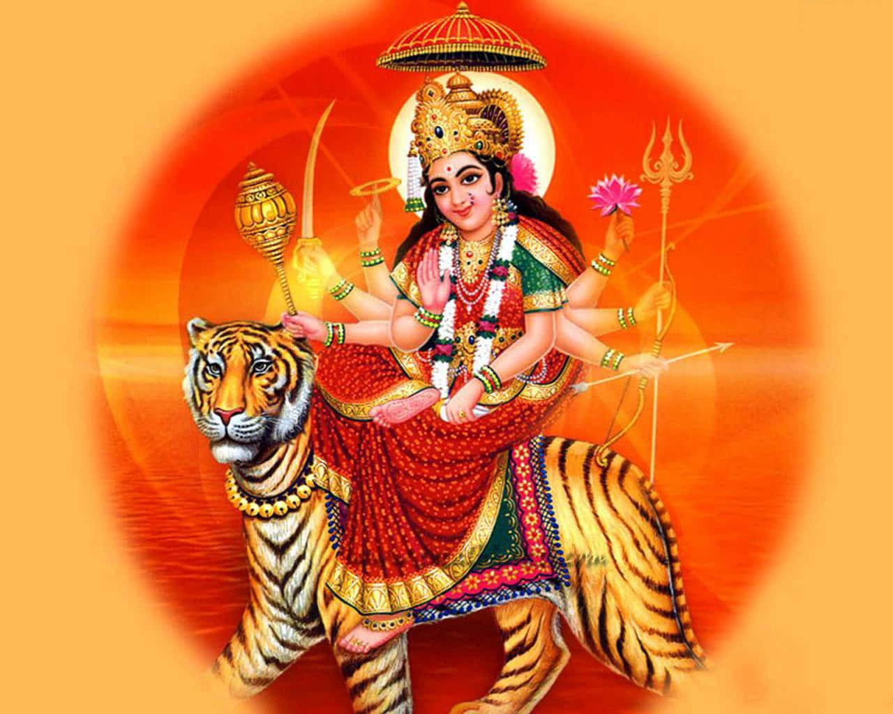 Imagende Durga Maa Durante La Puesta De Sol Naranja