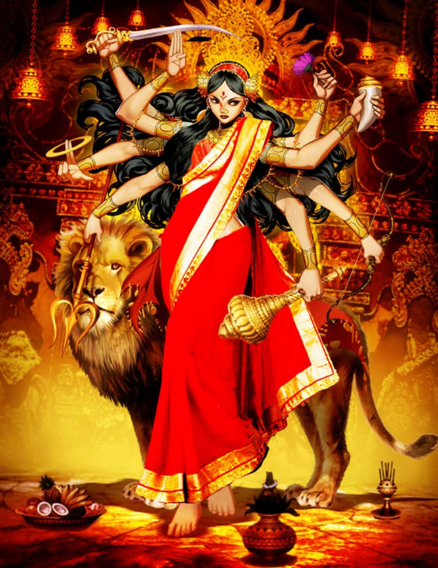 Imagende Durga Maa Con Vestido Rojo.