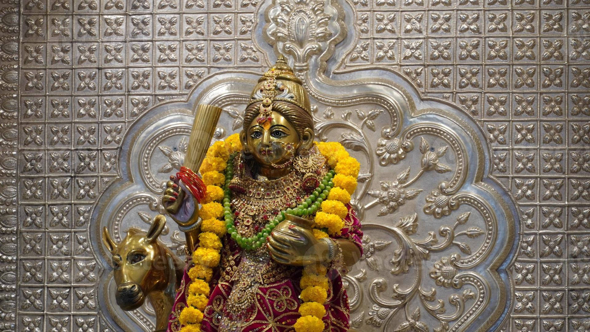 Durga Mata Hd With Yellow Garlands Wallpaper