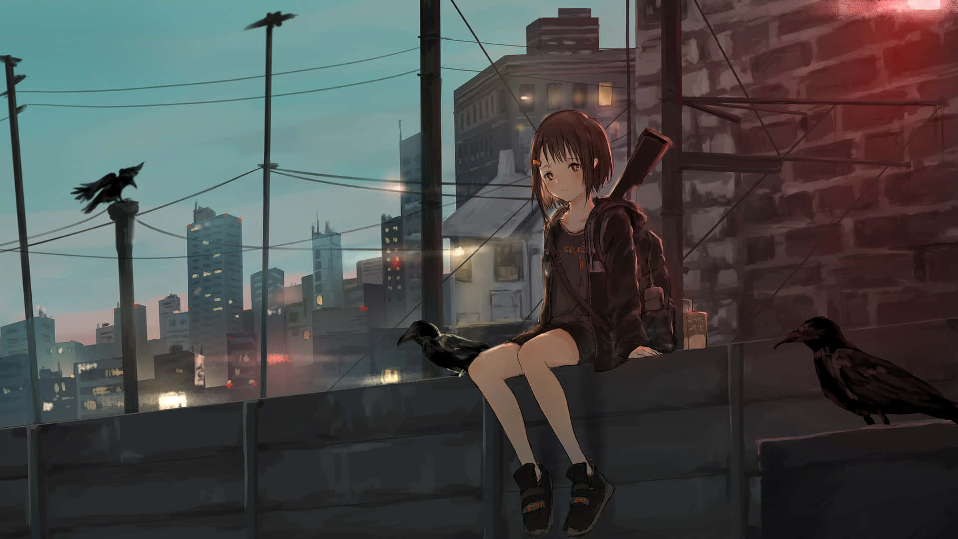 Dusk_with_ Crows_ Anime_ Art_2560x1440 Wallpaper