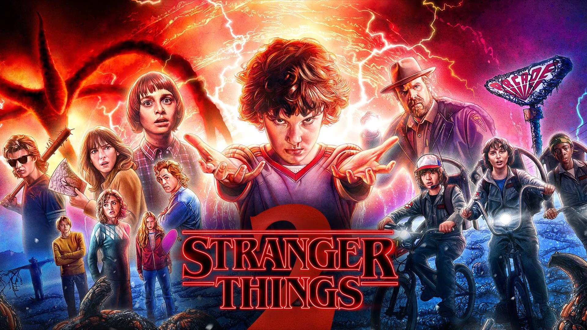 stranger things 2 poster with many characters Wallpaper