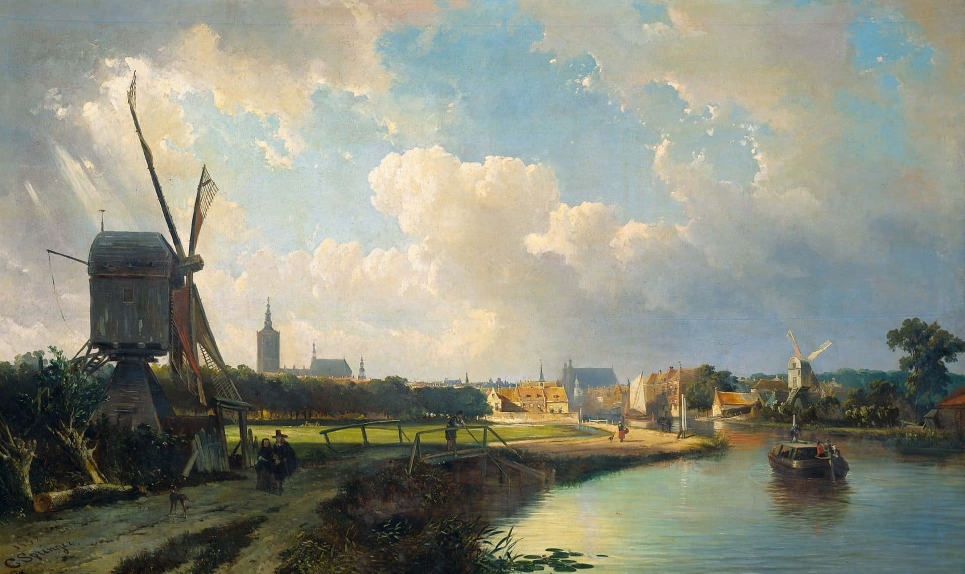 Dutch Windmills Painting Delft Scenery Wallpaper