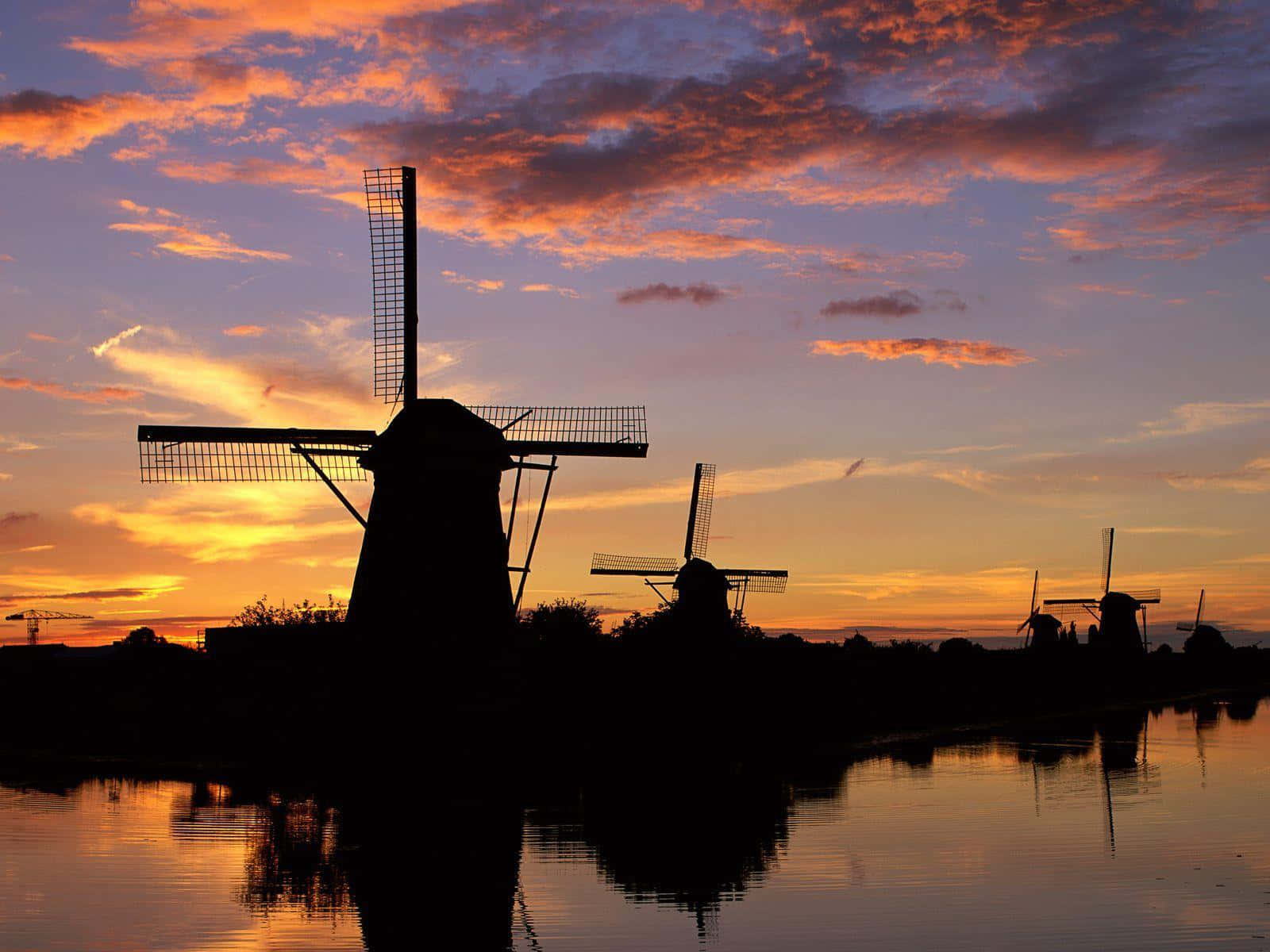 Dutch Windmills Sunset Silhouette Wallpaper
