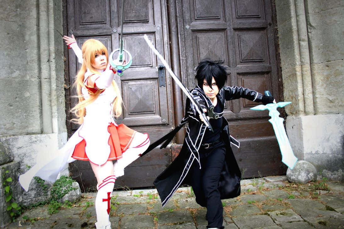 Dynamisch Anime Cosplay Duo Actie Pose Achtergrond