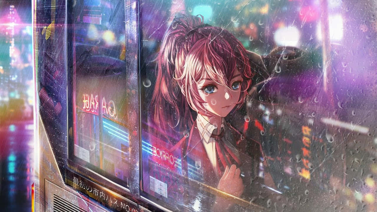 Dynamic Anime Sad Girl Neon City Lights Wallpaper