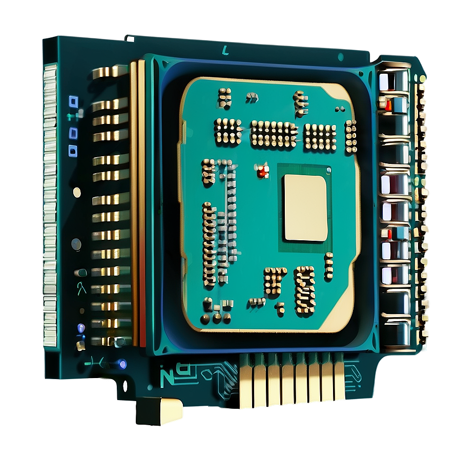 Teal circuit board with gold connectors and central processor chip