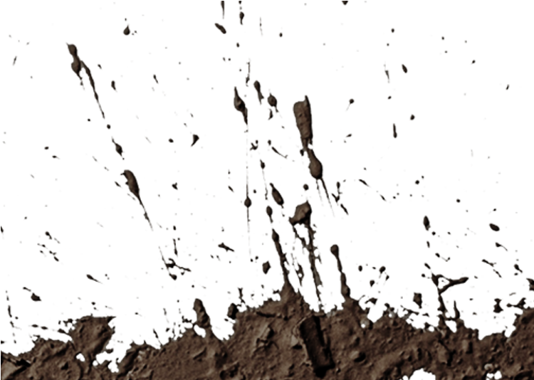 Dynamic Mud Splatter Capture PNG — Dark brown mud splatters erupt upward against a stark black background with scattered red specks.