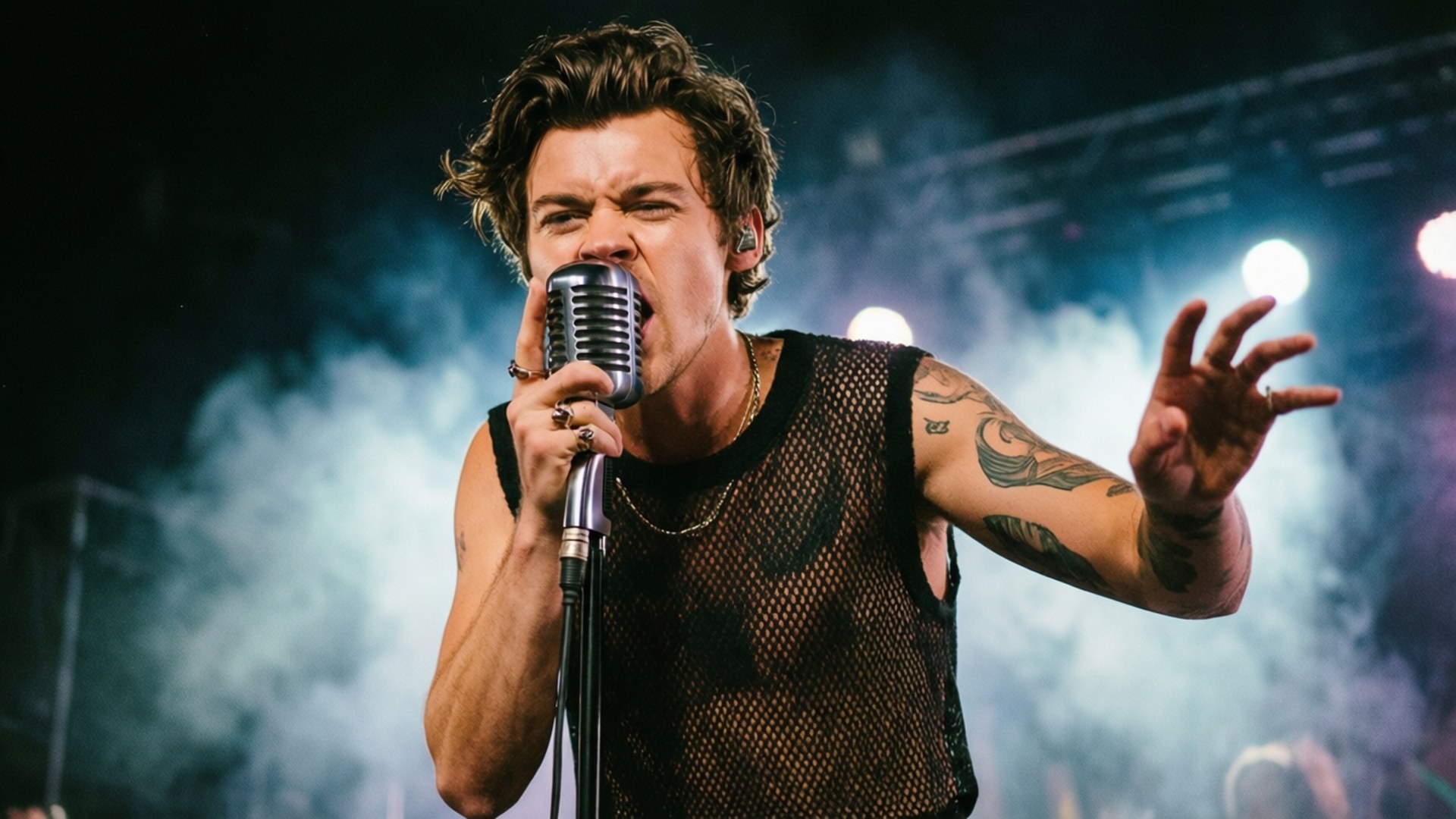 Harry Styles laulaa energisesti lavalla vintage-mikrofoniin