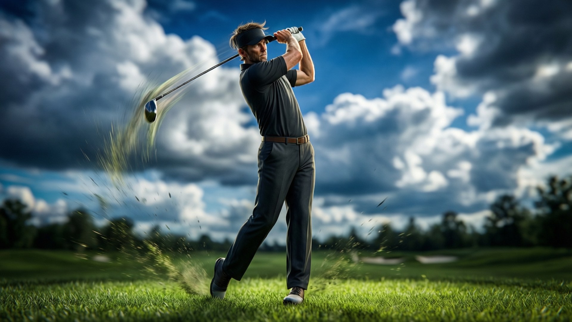 Un golfeur 3D cinématographique en plein swing avec flou de mouvement et ciel dramatique.