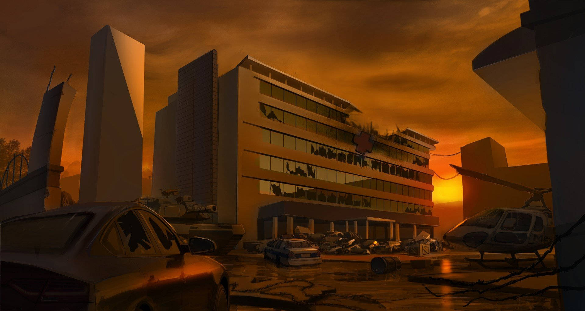 Dystopisktsjukhusbyggnadsraseri. Wallpaper