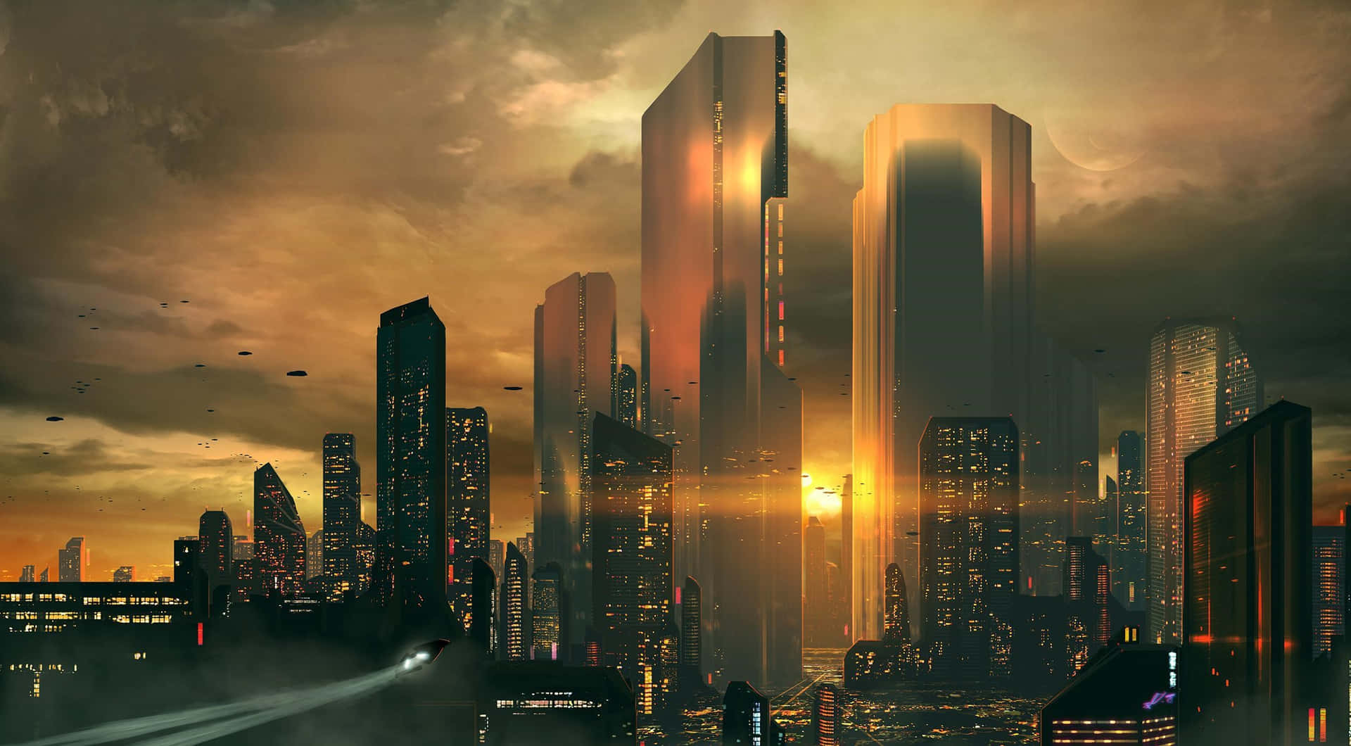 Dystopian_ Sunset_ Cityscape Wallpaper